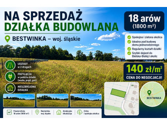 Działka śląskie
bielski
Bestwina
Bestwinka Na sprzedaż 252 000 PLN 1800 m2 